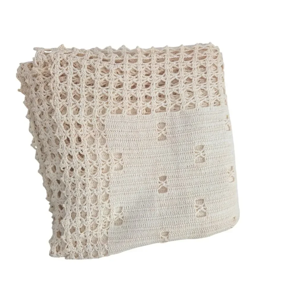 VINTAGE CREAM COTTON GEOMETRIC CROCHETED SMALL TABLECLOTH, W/ BONUS: 6 DOILIES!